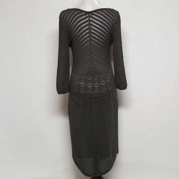 W by Worth Olive Green Open Crochet Knit Plunging Neckline Asymmetric Midi Dress - Picture 10 of 14